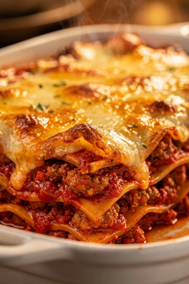 Freshly baked million dollar lasagna in a white ceramic dish with golden bubbly mozzarella on top and rich red meat sauce on the sides