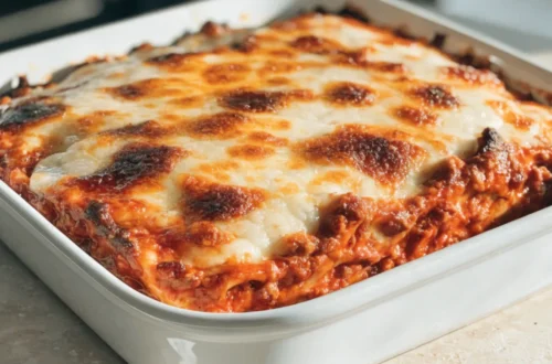 Freshly baked million dollar lasagna in a white ceramic dish with golden bubbly mozzarella on top and rich red meat sauce on the sides
