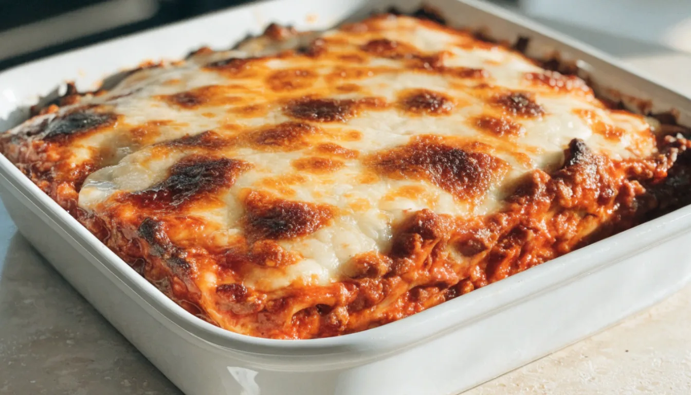 Freshly baked million dollar lasagna in a white ceramic dish with golden bubbly mozzarella on top and rich red meat sauce on the sides