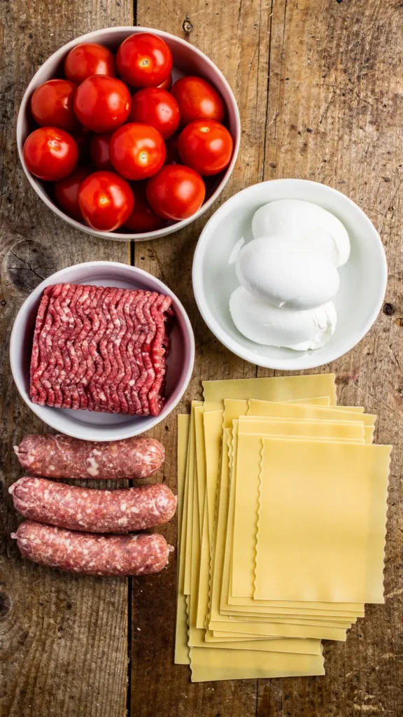 Overhead flat lay of million dollar lasagna ingredients including San Marzano tomatoes, ground beef, Italian sausage, fresh mozzarella, and lasagna noodles