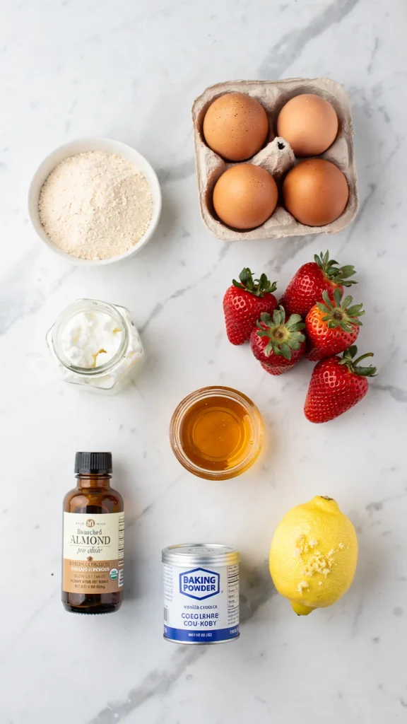 Flat lay of cottage muffin ingredients including almond flour, cottage cheese, eggs, fresh strawberries, honey, and vanilla extract on white marble
