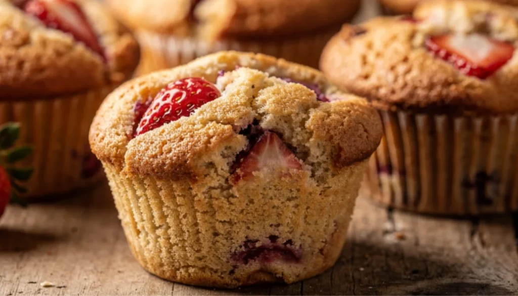 Six golden cottage cheese muffins made with almond flour and topped with fresh strawberries on a rustic wooden tray