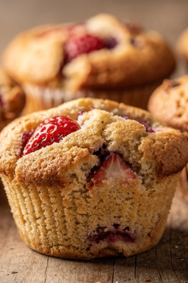 Six golden cottage cheese muffins made with almond flour and topped with fresh strawberries on a rustic wooden tray