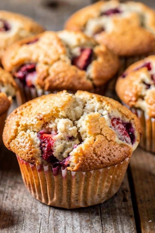 Six golden cottage cheese muffins made with almond flour and topped with fresh strawberries on a rustic wooden tray