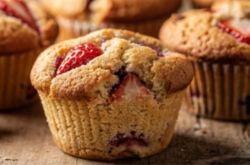 Six golden cottage cheese muffins made with almond flour and topped with fresh strawberries on a rustic wooden tray