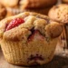 Six golden cottage cheese muffins made with almond flour and topped with fresh strawberries on a rustic wooden tray