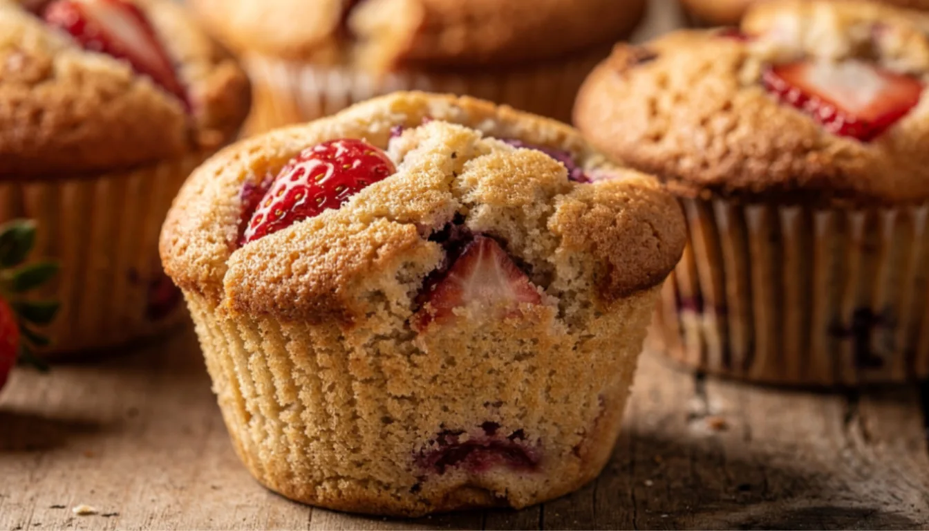 Six golden cottage cheese muffins made with almond flour and topped with fresh strawberries on a rustic wooden tray