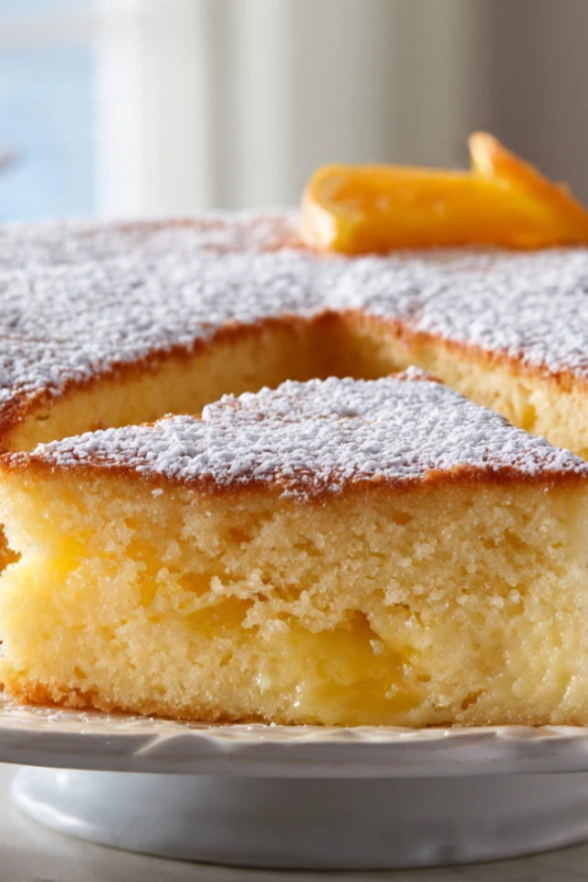 Fluffy yogurt and orange pudding cake dusted with powdered sugar on a white cake stand