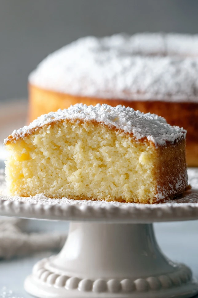 Fluffy yogurt and orange pudding cake dusted with powdered sugar on a white cake stand
