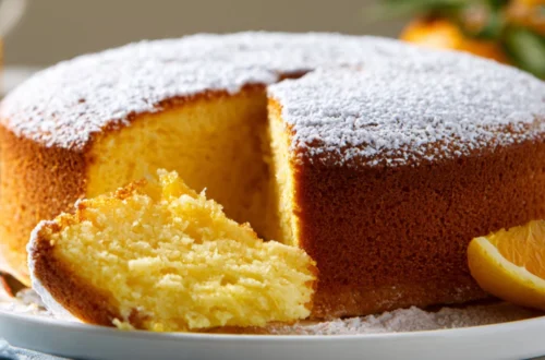 Fluffy yogurt and orange pudding cake dusted with powdered sugar on a white cake stand