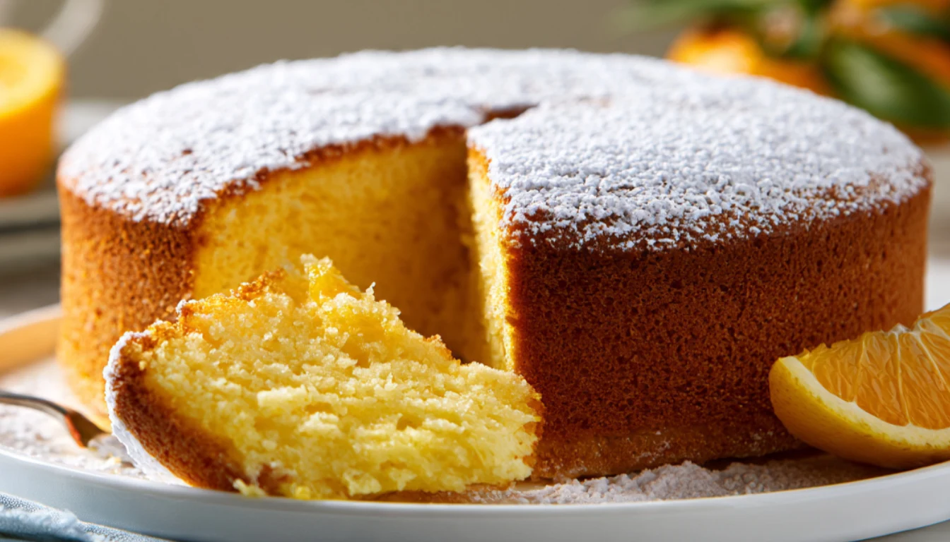 Fluffy yogurt and orange pudding cake dusted with powdered sugar on a white cake stand