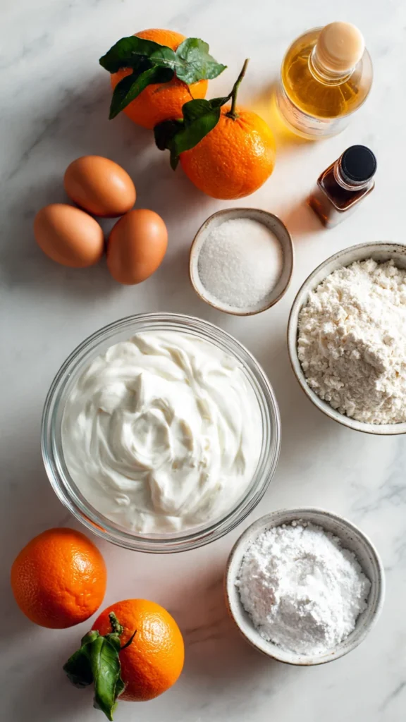 Top view of ingredients for fluffy yogurt orange cake including Greek yogurt, eggs, fresh oranges, flour, sugar, and oil